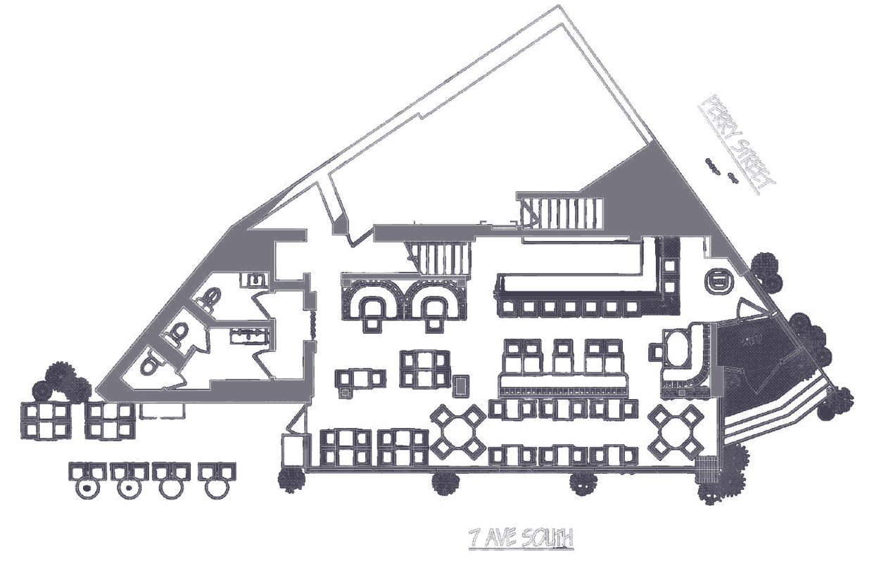 Main floor plan — 60 seated, 75 for a reception
