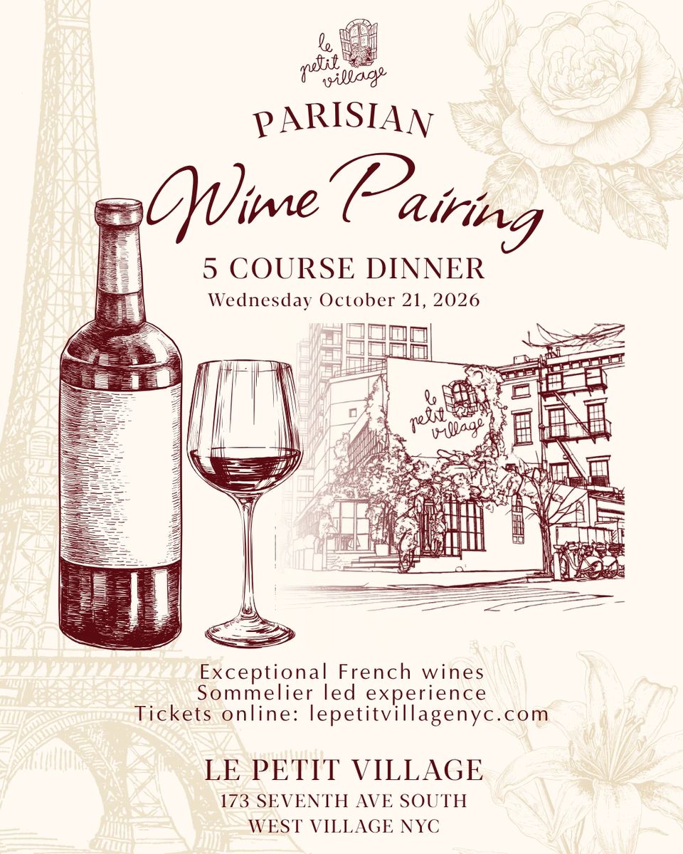Flyer for the Parisian Wine Pairing five course dinner, Wednesday, October 21, at Le Petit Village